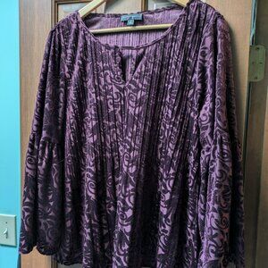 Investments Size L maroon velvet top with floral swirls, bell sleeves boho